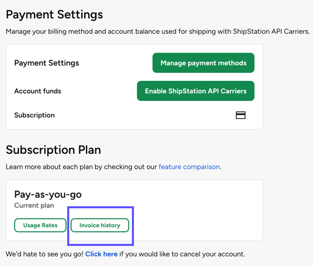 Side navigation Settings Payment Subscription invoice History button