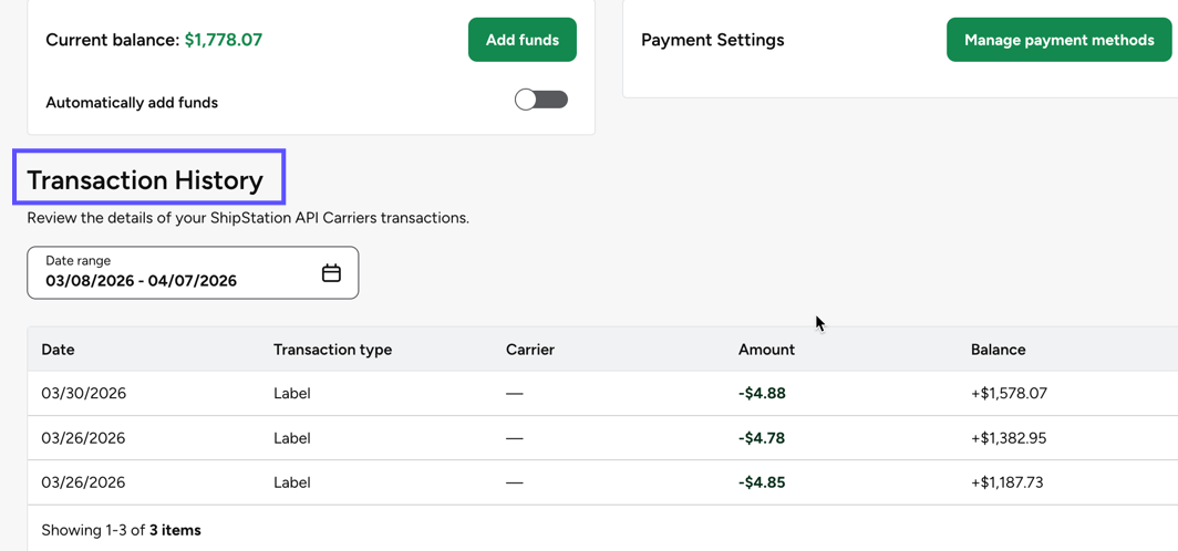 Transaction History grid on the Payment Settings page