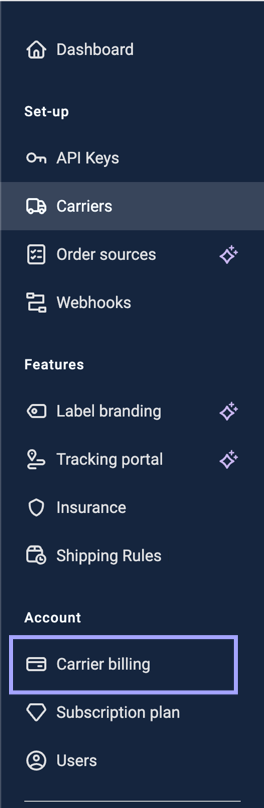 Dashboard. Under Account, Carrier billing is shown marked