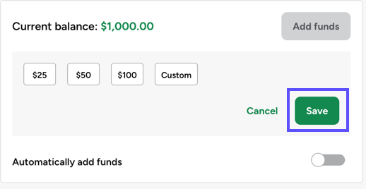 Pop-up for a one-time purchase of funds set to $20