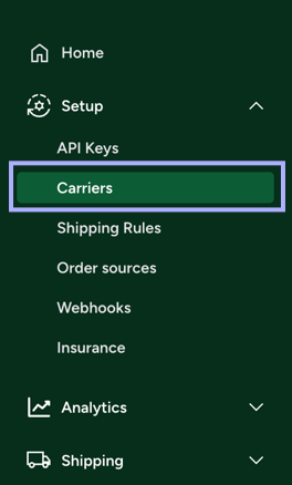 Dashboard. Carriers section selected under ShipEngine Setup