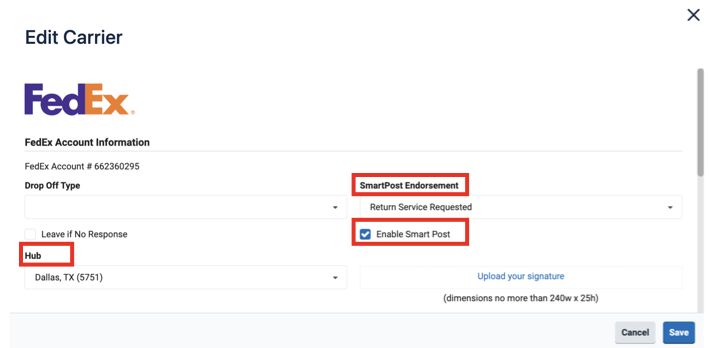 FedEx Settings screen with "Enable SmartPost" option checked and the Hub and SmartPost Endorsement fields highlighted