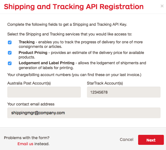 StarTrack API registration form