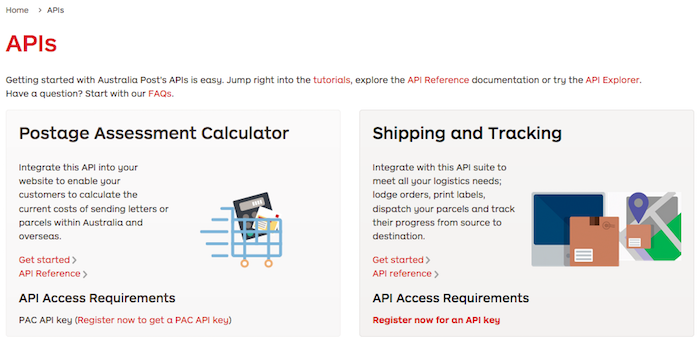 Screenshot of Australia Post Developer Centre Register API web page.