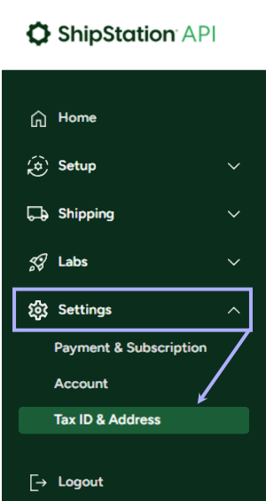 Shows Settings Tax ID & Address in the ShipStation API side navigation
