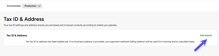 Side NAV SETTINGS Tax-ID-Address. Shows Add-Details button marked.g