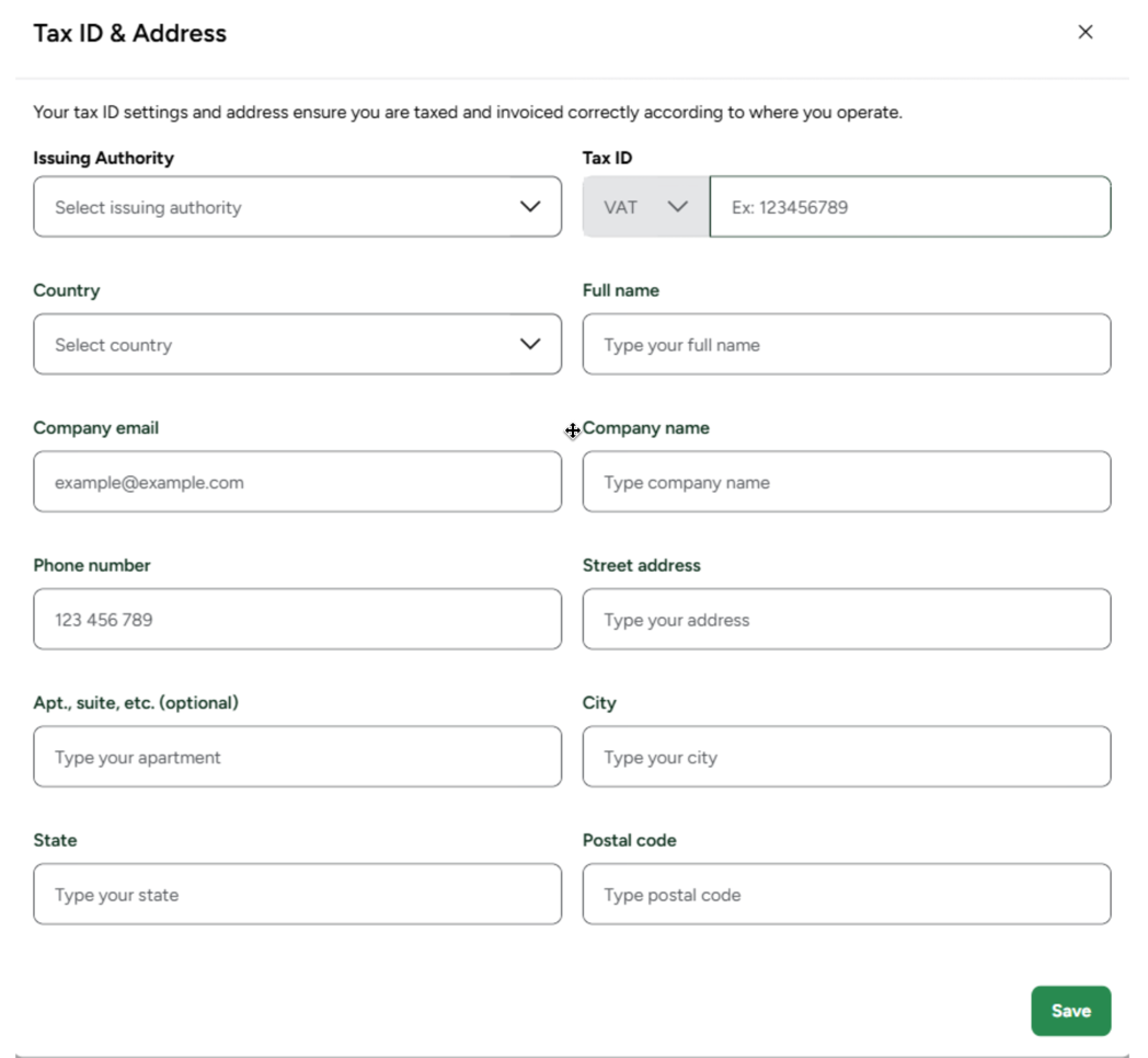 Tax ID & Address" form popup containing blank fields and dropdown menus for company contact, address, and tax registration details (with "VAT" selected).