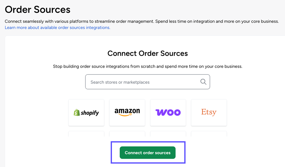 Shows the Connect order sources button highlighted