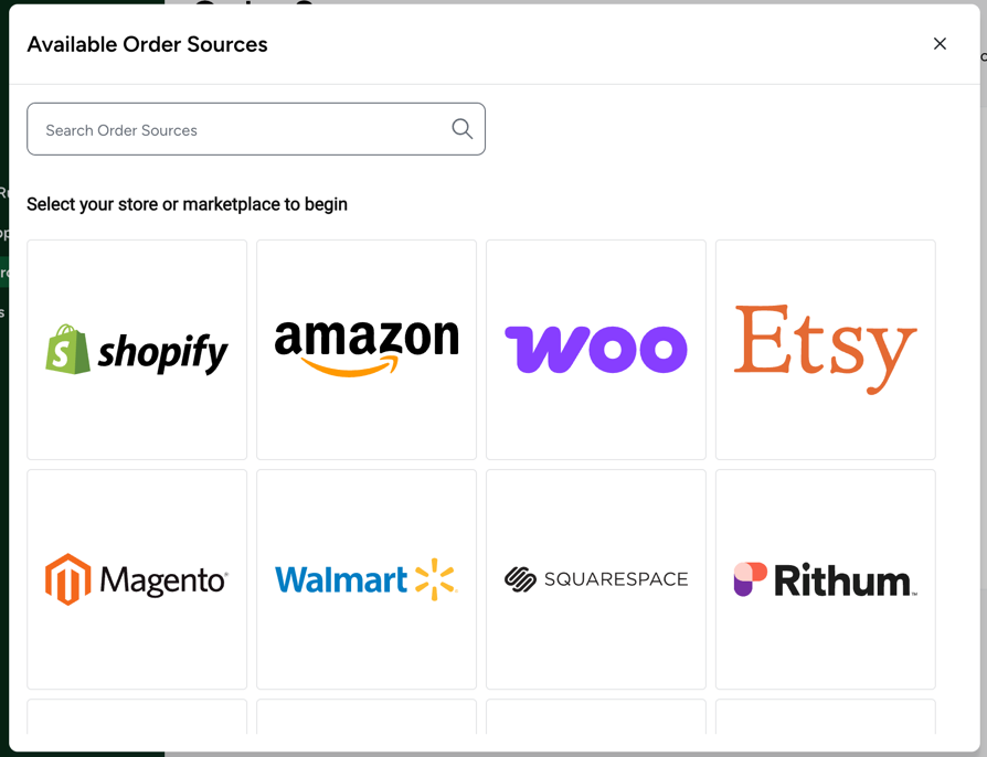 Shows store-logo tiles & search bar in the Available Order Sources pop-up.