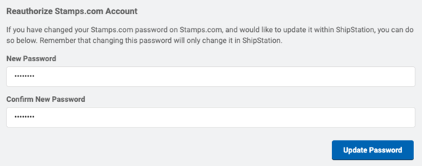 "Reauthorize Stamps.com Account" section of Stamps.com settings window, with new password entered