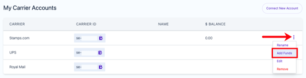 Actions menu open for Stamps.com connection, with "Add Funds" option selected.