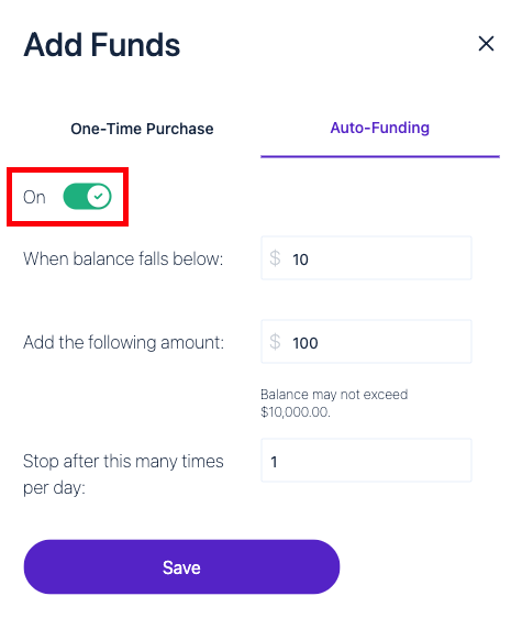 Auto-Funding toggled "On" in Add Funds pop-up window