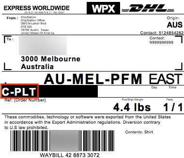 DHL Express Label highlighting C-PLT for Customs Paperless Trade submission