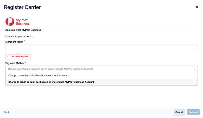 Australia Post MyPost Business connection window