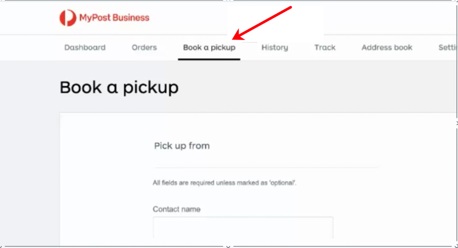 The MyPost Business admin page is displayed and Book a Pickup is selected.