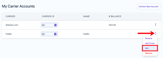 Actions menu open for FedEx connection, with "Edit" option selected.