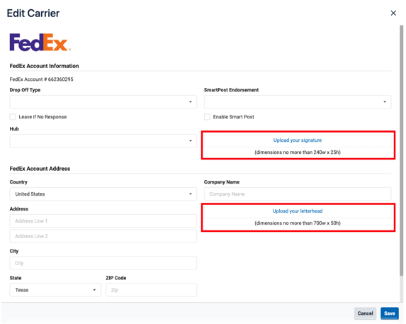 Links to upload ETD signature and letterhead images highlighted in FedEx settings window