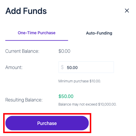 One-time purchase of funds set to $50 with Purchase button highlighted