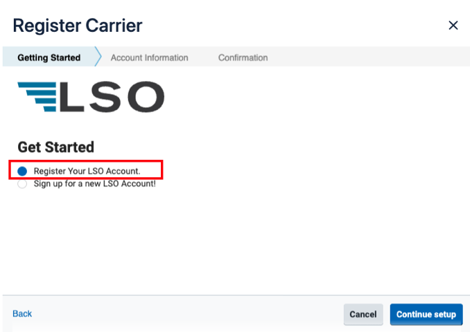 LSO connection form with "Register Your LSO Account" option selected