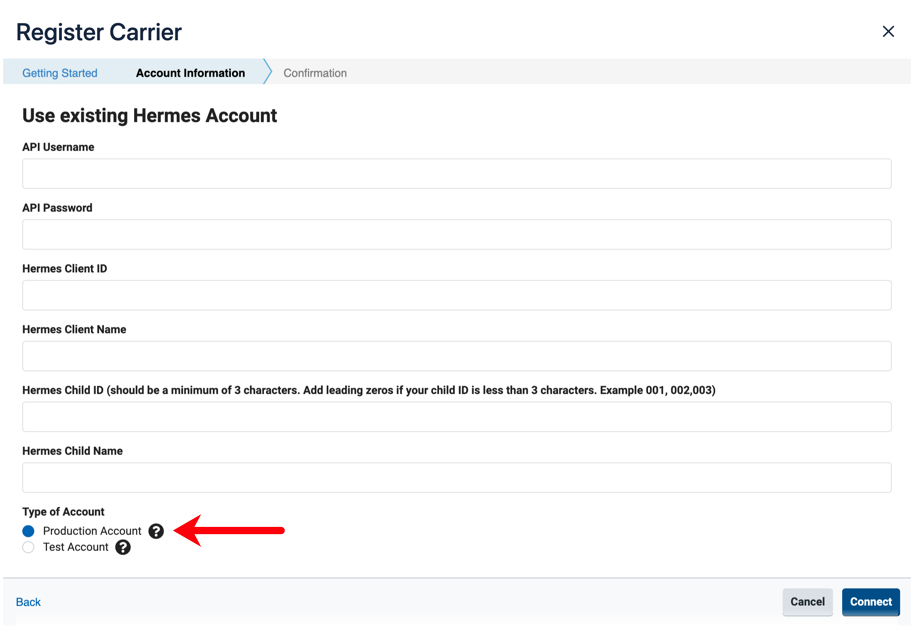 Evri connection window with "Production Account" selected as account type