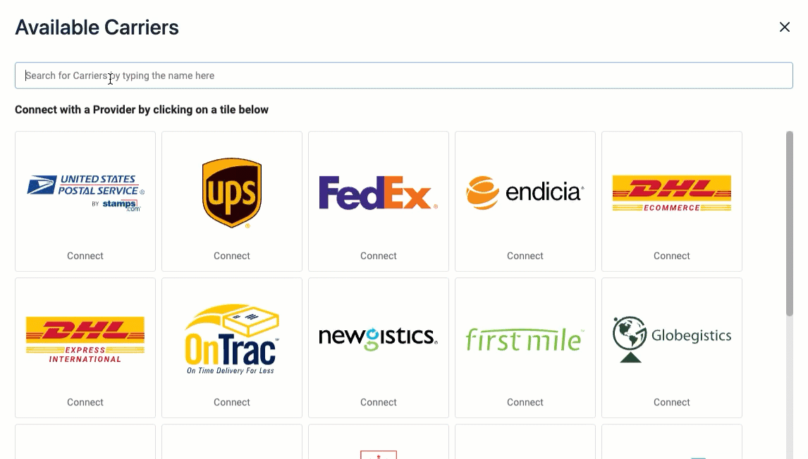 "DHL Express" is entered in search box of Available Carriers window. Multiple results returned with mouse hovered over each tile to see country details.